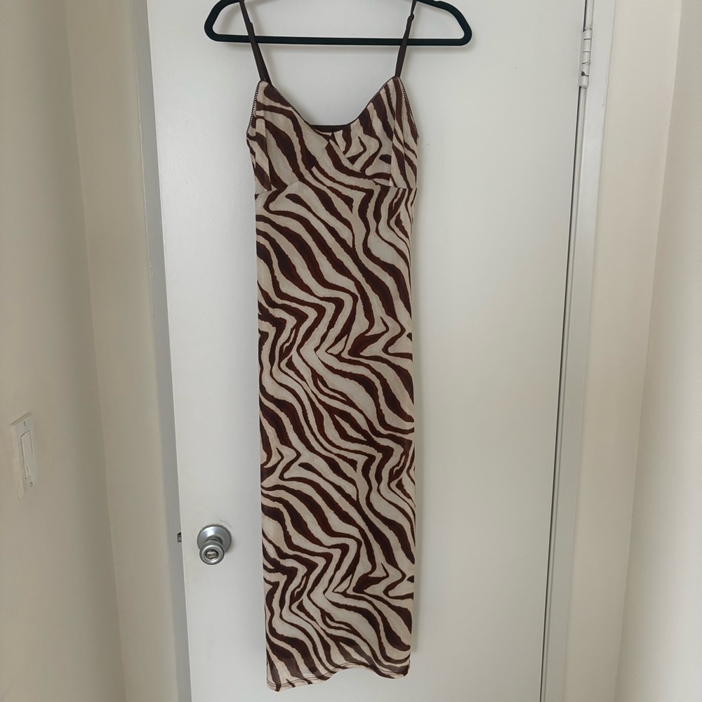Camila Coelho Brown and Cream Zebra-Print Midi Slip Dress